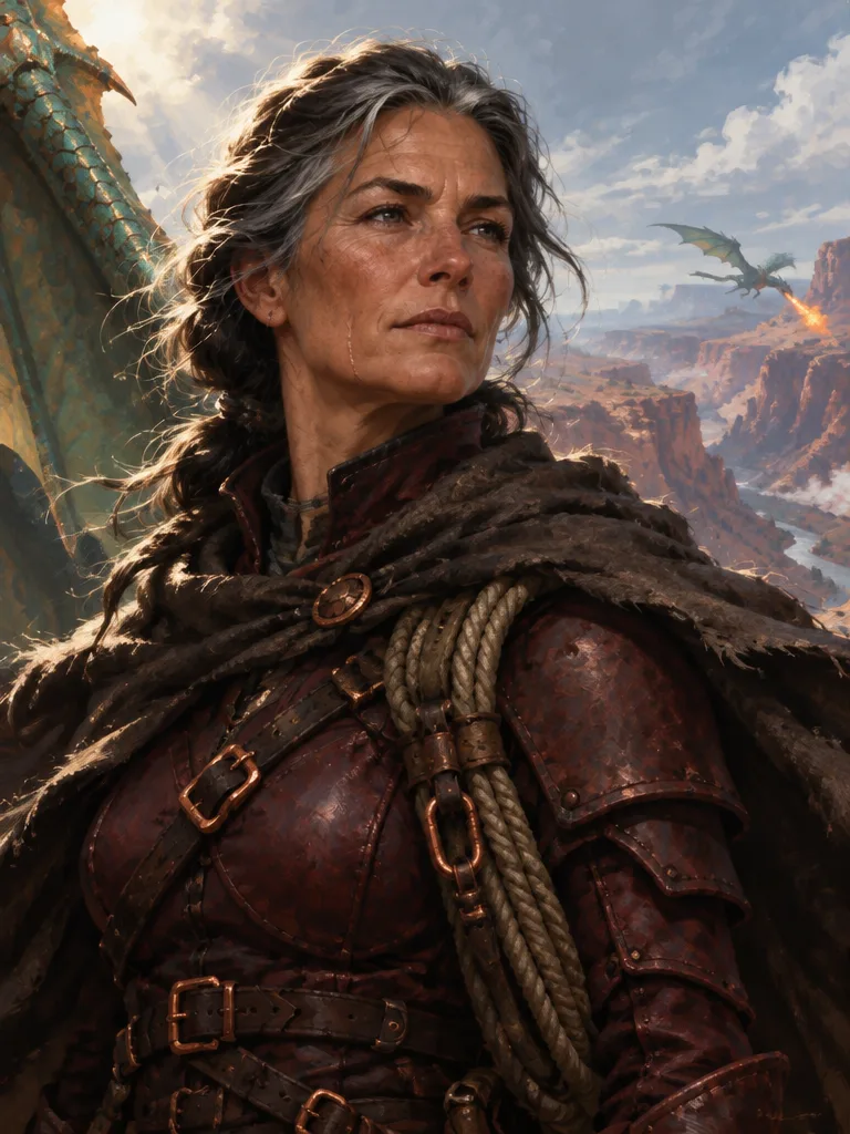 Maren Holt, penunggang berusia lima puluhan dengan rambut gelap beruban, baju terbang kulit merah tua bergesper tembaga, dan gulungan tali di bahu, dengan sayap naga hijau-tembaga di belakangnya.