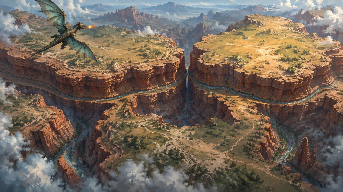 Peta lukis ngarai Wyrmhollow dari udara: dua mesa berpuncak rumput di atas, celah sempit di tengah, sungai berkelok di dasar, dataran rendah dan menara batu di bawah.