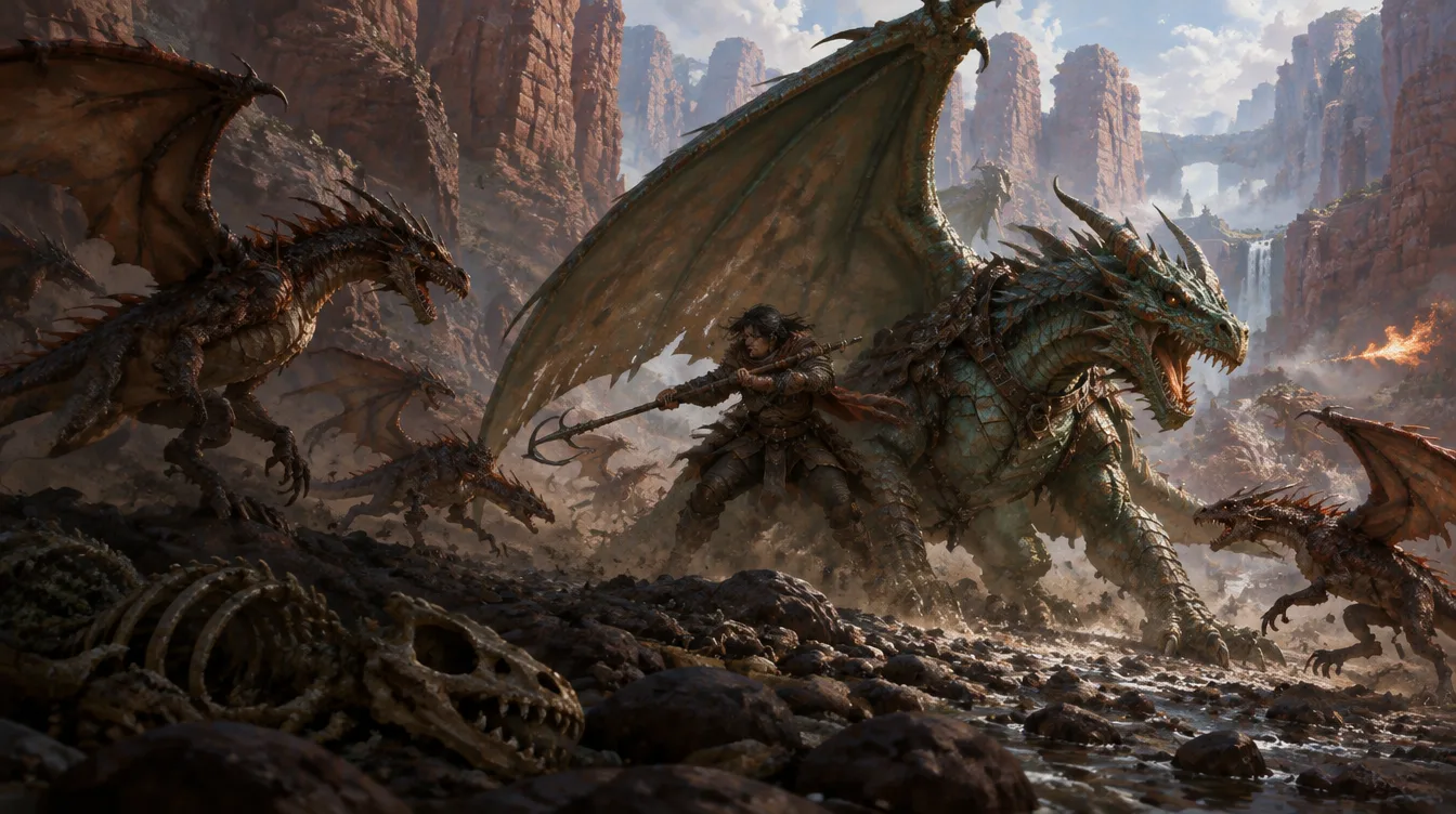 Penunggang bertombak berkait bertarung berdampingan dengan naga berlapis melawan kawanan drake liar di antara tulang-tulang di dasar ngarai.